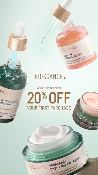 This image ad is promoting Biossance skincare, highlighting a new customer offer of 20% off their first purchase. It fea