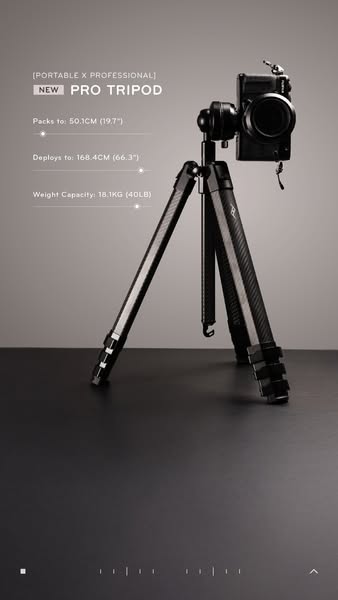 This ad showcases a new pro tripod, highlighting its portability, deployment size, and weight capacity.