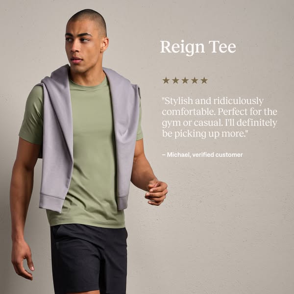 This ad showcases a man wearing the Reign Tee while a 5-star review from a verified customer highlights the product'