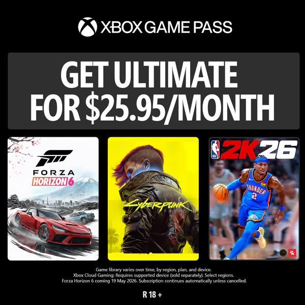 The ad promotes Xbox Game Pass Ultimate with a rate of $25.95/month and features three popular games available with the 