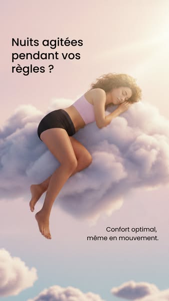 This ad presents a solution for disrupted sleep during menstruation. It features a woman sleeping comfortably on a cloud