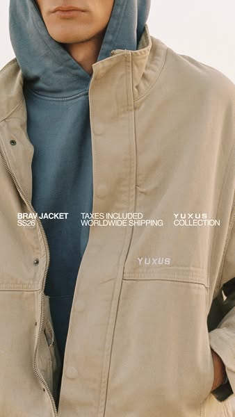 This image promotes the YUXUS brand by showcasing its BRAV jacket. The ad highlights that taxes are included and that th