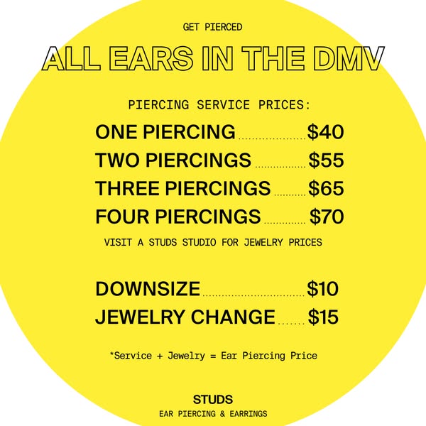An image ad listing the prices of different ear piercing services at Studs.