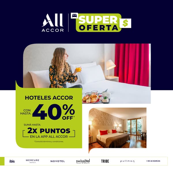 This ad promotes Accor hotels with an offer of up to 40% off and double points in the app. The image includes a woman in