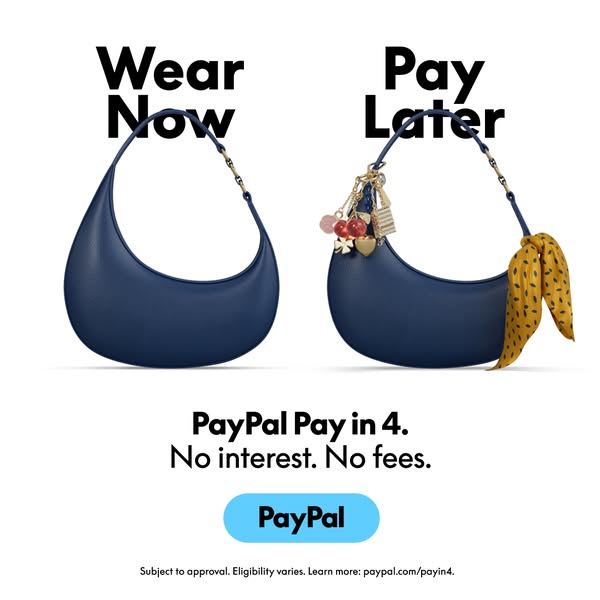 This ad showcases a blue purse alongside the option to 'Wear Now' using payment installments from PayPal.