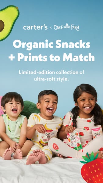 This image ad promotes a collaboration between Carter's and Once Upon a Farm, featuring organic snacks and matching 