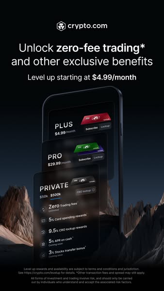 This ad promotes Crypto.com's tiered subscription service, highlighting the benefits of zero-fee trading and other e