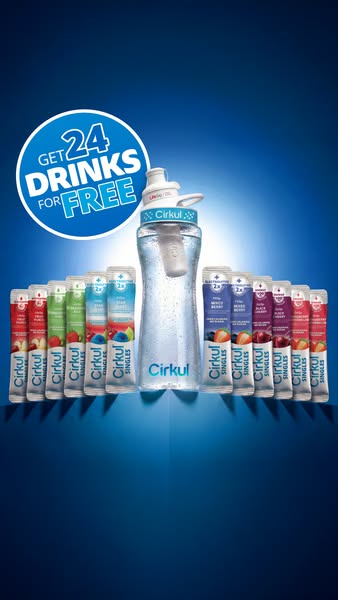 This ad promotes Cirkul's water bottle and flavor cartridges, highlighting a limited-time offer of 24 free drink car