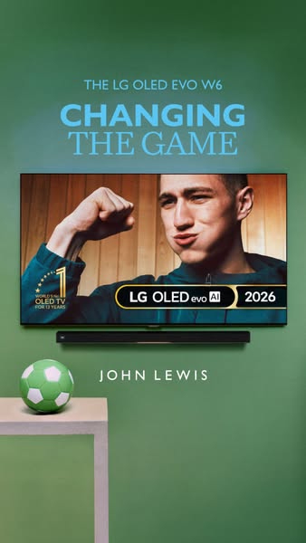 This ad promotes the LG OLED evo W6 television by showing it on a wall with a soccer ball and highlighting the technolog