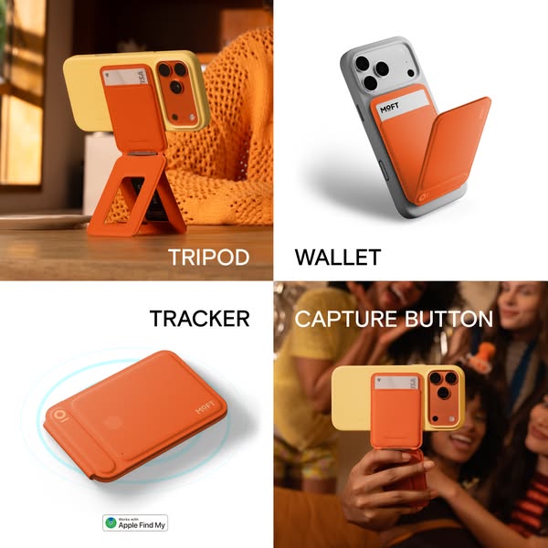 This image ad highlights the multiple uses of the MOFT phone case: as a tripod, wallet, tracker and capture button. The 