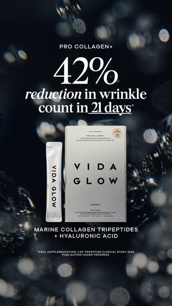 An ad promoting Vida Glow's Pro Collagen+ supplement, highlighting a clinical study that showed a 42% reduction in w
