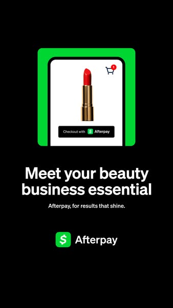 This image ad promotes Afterpay as a checkout option for beauty products, featuring a red lipstick and emphasizing the c