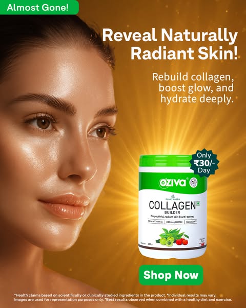 This ad promotes Oziva's plant-based collagen builder for youthful, radiant skin. It highlights the product's ab