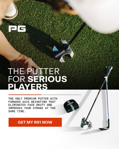 This ad promotes the RS1 putter, emphasizing its premium quality and forward axis weighting, which is said to eliminate 