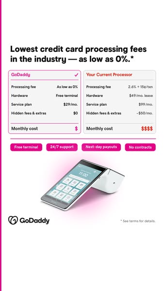 This ad compares GoDaddy's credit card processing fees to those of other processors to promote GoDaddy's service