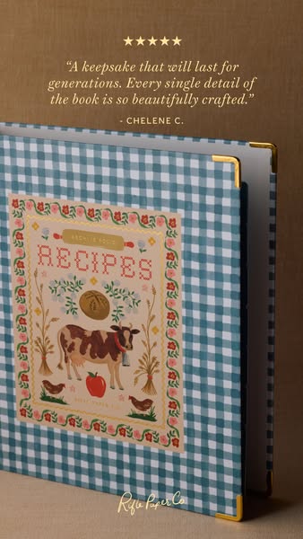 This image ad for Rifle Paper Co. features a recipe book. The top of the ad features a quote about the recipe book.
