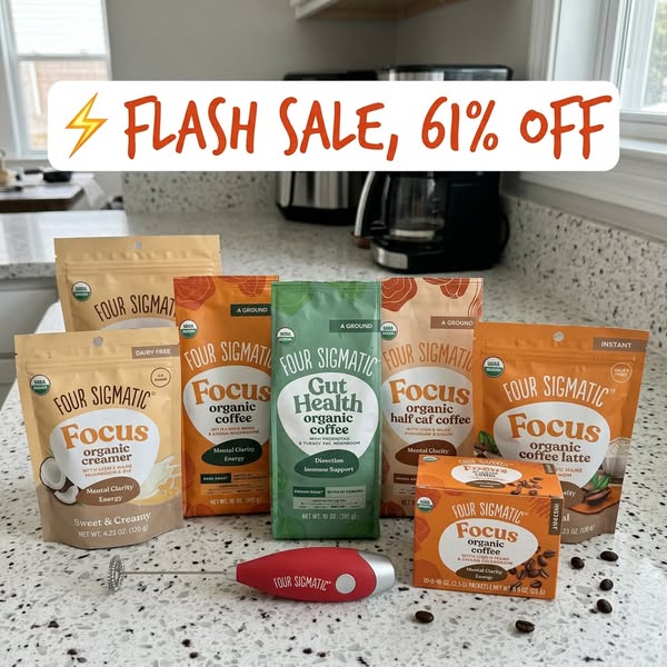 This ad features several varieties of Four Sigmatic organic coffee and creamer products, all displayed together to promo