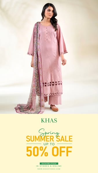 This image ad from KHAS features a woman modeling a matching top and pants outfit with a floral shawl, promoting a sprin