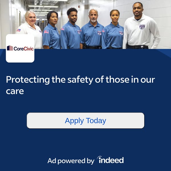 This image ad for CoreCivic is an employment ad. It features a group of uniformed employees and invites viewers to apply