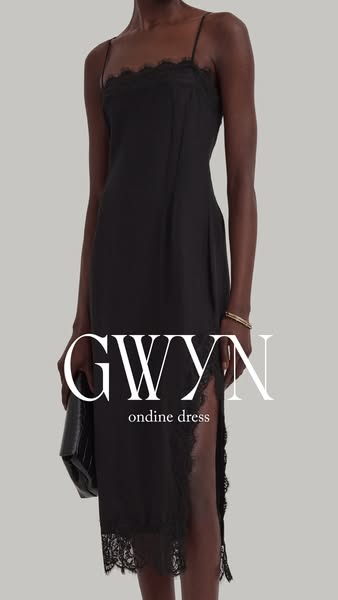 This ad showcases the Ondine Dress from GWYN with a focus on its design and details.