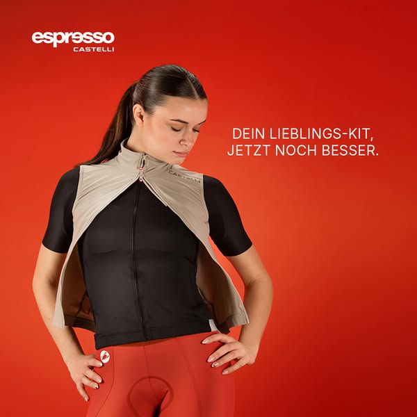 This image ad for Espresso Castelli features a woman modeling the brand's cycling vest and a top cycling kit. The ad
