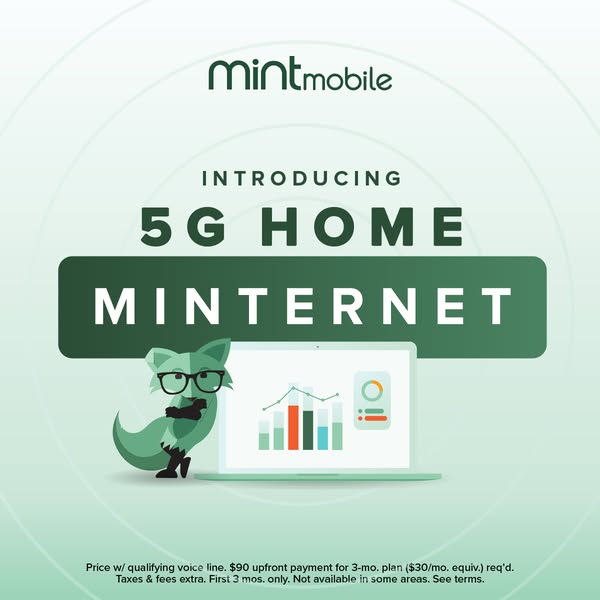 This ad introduces Mint Mobile's 5G home internet service, highlighting its availability and pricing.