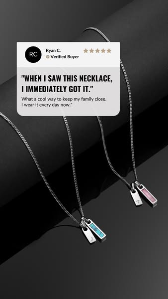 This ad uses a customer testimonial to promote the necklace product. The visual focus is on the product itself against a