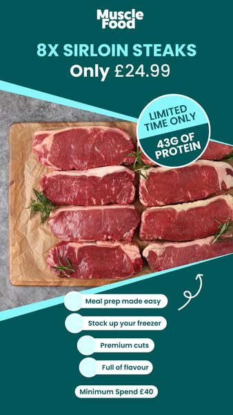 This image ad for Muscle Food features eight sirloin steaks for sale. The ad lists a price, key features, and a minimum 
