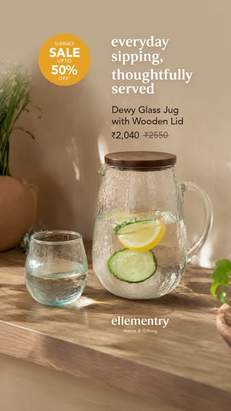 This image ad showcases a glass jug with a wooden lid and a matching glass. There is also text promoting a summer sale o