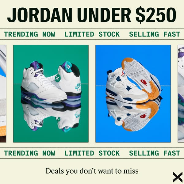 A carousel ad showcasing Jordan brand sneakers available for under $250. It emphasizes the shoes are trending, have limi