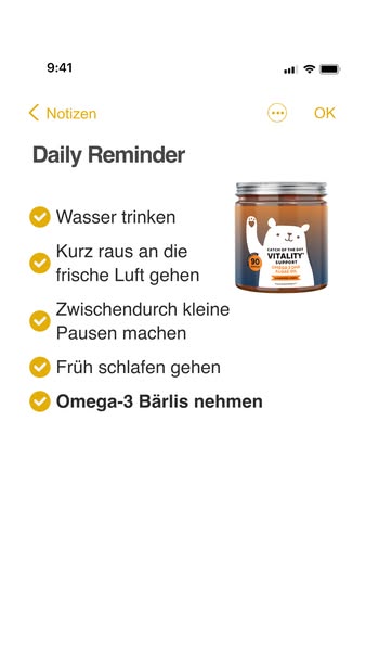 Ad for Omega-3 supplements presented as a daily reminder in a notes app.