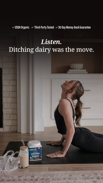 The ad promotes a dairy-free protein powder by emphasizing its organic, third-party tested, and money-back guarantee. It