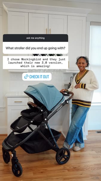 This ad features a pregnant woman standing next to a stroller in her home. She states that she chose the stroller and th