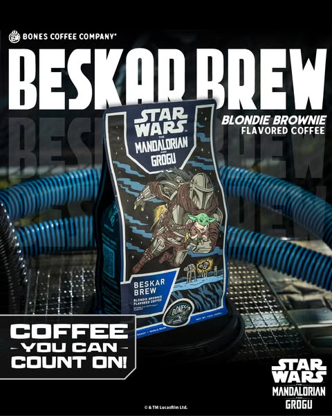 This ad features a bag of Bones Coffee Company coffee with Star Wars theming and asks viewers to rely on their brand. Th