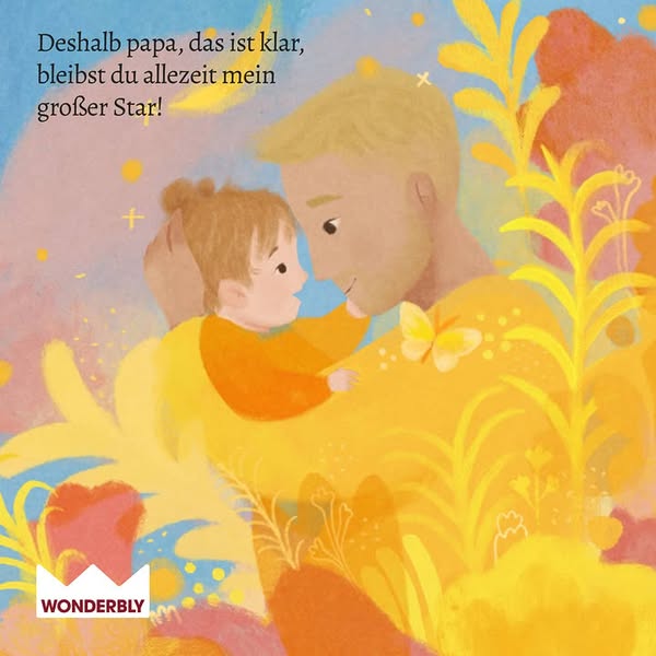 A heartwarming illustration of a father and child with a touching message, likely promoting a personalized children'