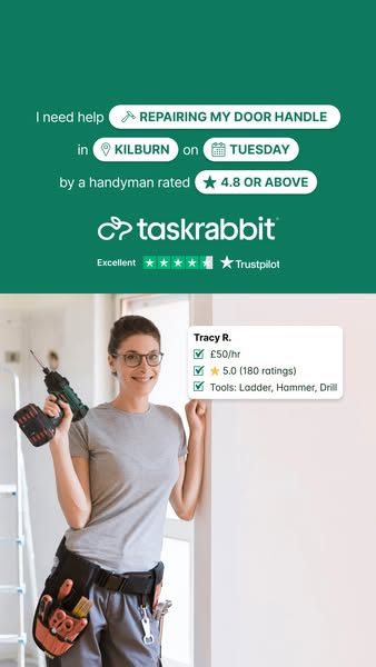 This ad for Taskrabbit highlights the ease of finding a handyman to repair a door handle. It emphasizes the convenience 