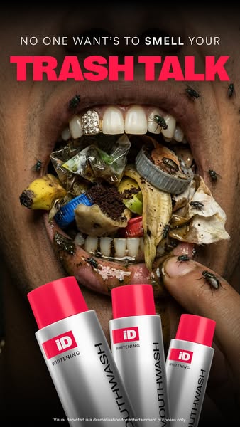 The image ad aims to promote iD whitening mouthwash. It shows an open mouth filled with garbage and flies. There are thr