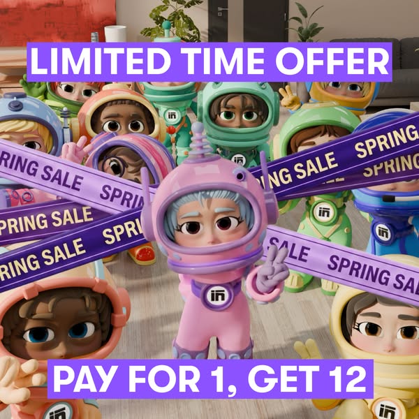 This ad uses animated character figures to promote a special offer where customers can buy one product and get twelve. T