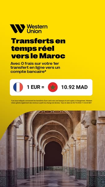 This ad promotes Western Union's real-time money transfer service to Morocco, highlighting the benefit of zero fees 