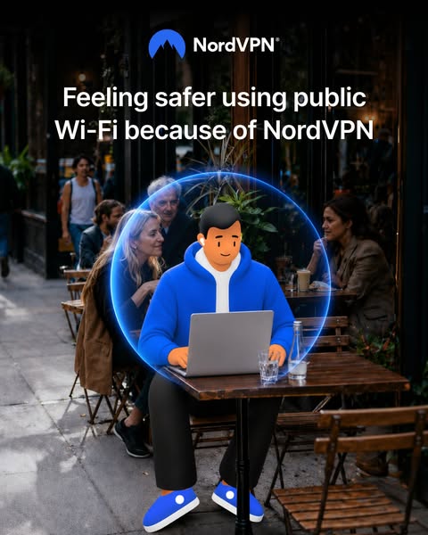 This image ad for NordVPN features a cartoon man sitting at an outdoor cafe table, using a laptop. A bubble effect surro