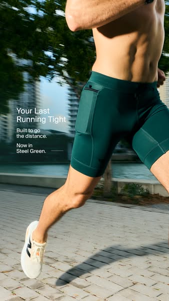 The image promotes green running shorts for men. The product is called a "tight", is meant to be durable, and 