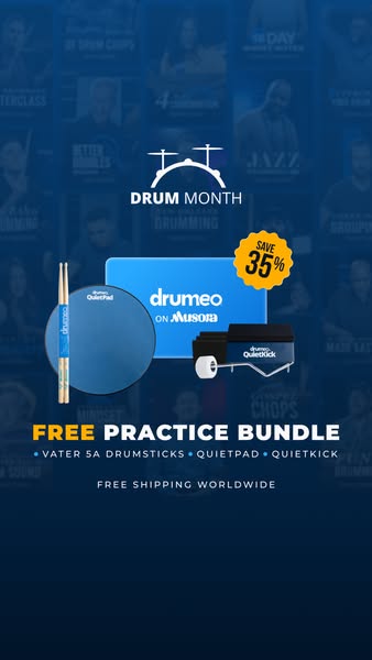 A visually engaging ad promoting Drumeo's free practice bundle. This ad uses a vibrant blue color scheme and a backd