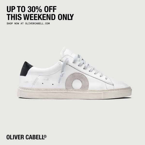 This image ad promotes Oliver Cabell shoes with a discount offer for this weekend only.