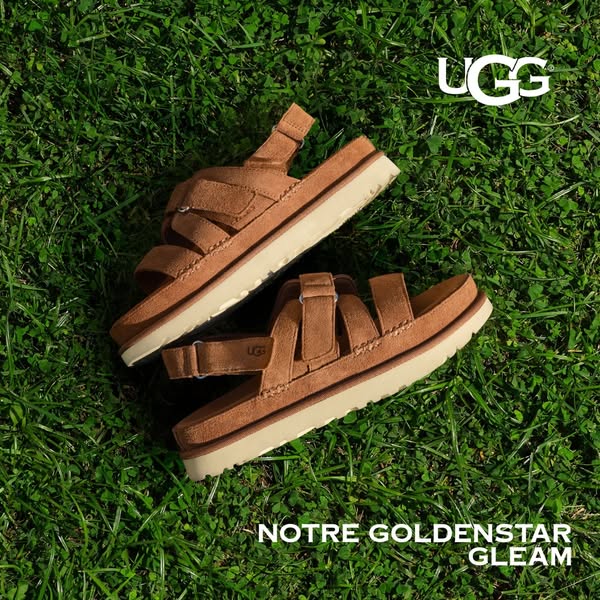 This image ad for UGG highlights the brand's Goldenstar Gleam sandals in a natural outdoor setting.
