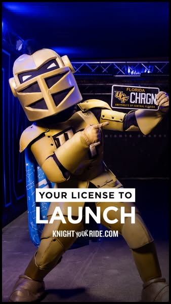 This ad features UCF's mascot holding a UCF license plate. The ad is meant to be used for promoting a website called