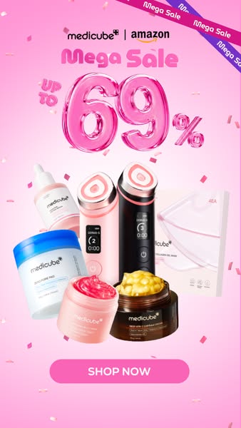 This image ad features a Medicube Mega Sale on Amazon with up to 69% off. The ad showcases various Medicube skincare pro