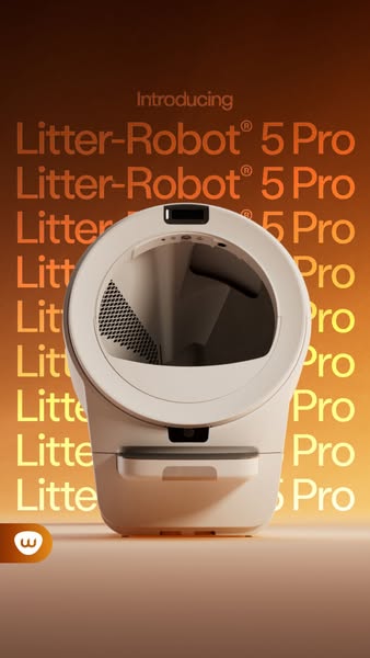 Image ad introducing the Litter-Robot 5 Pro. The product is centered in the image with the product name repeated as back