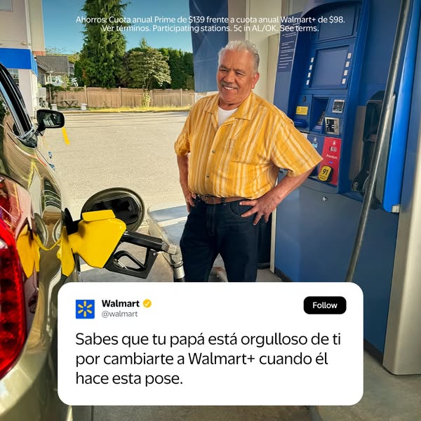 This ad highlights savings with Walmart+ compared to Amazon Prime and features a tweet about a dad being proud of his ch