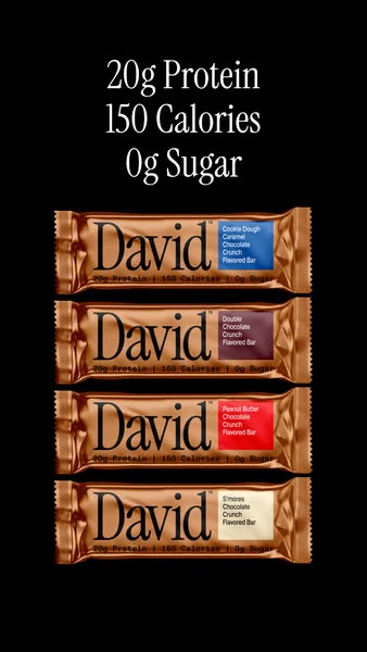 This image ad showcases David protein bars in four different flavors, highlighting their nutritional benefits: 20g of pr