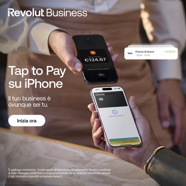 This ad promotes Revolut Business' tap to pay feature on iPhone. The ad shows two iPhones, one 'tapping' to 